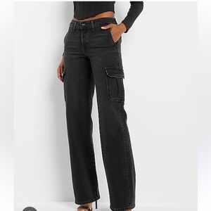 Express Low Rise Washed Black Baggy Straight Cargo Jeans